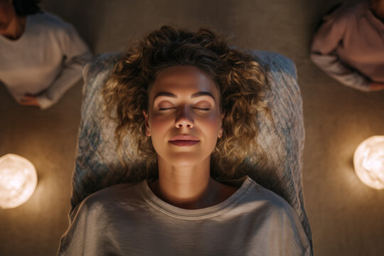 Serene Inner Journey: A woman experiences inner peace, her face illuminated as she practices mindfulness and meditation surrounded by supportive individuals and warm lighting.