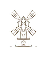 Obraz premium A rustic sketch of a traditional wooden windmill, evoking a countryside farm scene. A hand drawn vector illustration, ideal for organic flour branding, a rural bakery logo, or farm-to-table concepts