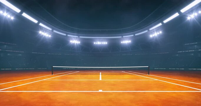 Clay tennis court at a sports arena in foggy weather with shining floodlights and fans ready for an upcoming nighttime sports event. Loopable professional sports advertisement video background.