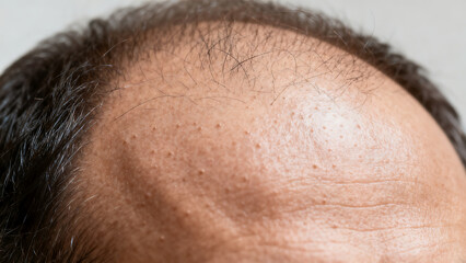 Naklejka premium Male pattern baldness close up, thinning hair on man's forehead and scalp, alopecia and hair loss medical condition, receding hairline texture isolated on White Background