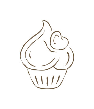 A charming drawing of a cupcake with a generous swirl of frosting and a small heart decoration. A cute hand drawn vector illustration, ideal for a birthday card, a bake sale flyer or a patisserie logo