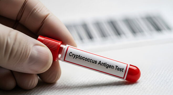 Hand wearing glove holds Cryptococcus Antigen Test tube with red cap medical