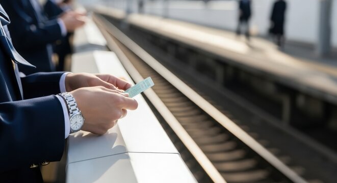 Business professional using smartphone while waiting at train station platform, modern technology connects people during commute. Commuting experience enhanced with mobile access and notifications,