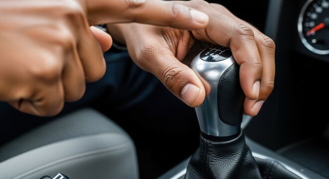 Manual transmission gear shift with hand pressing lever in modern car interior. Shifting gears demonstrates driving control and vehicle operation.