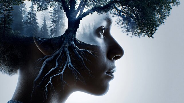 Doppelbelichtung eines Frauenprofils mit einem Baum samt Wurzeln, der aus dem Kopf w&auml;chst, vor nebligem Waldhintergrund