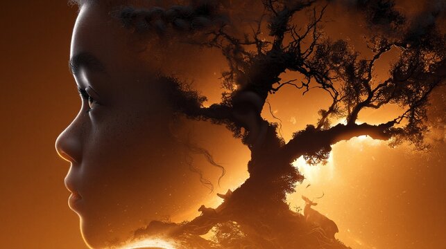 Doppelbelichtung eines Frauenprofils mit einem silhouettierten Baum vor einem leuchtend orangefarbenen Himmel