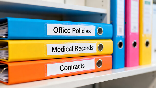 Colorful ring binders with labels for office policies, medical records and contracts, organized document storage folders on a shelf isolated on White Background