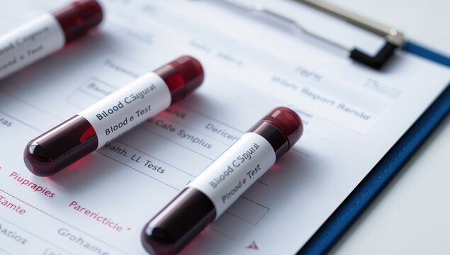 Medical blood test tubes with samples placed on report paper laboratory healthcare diagnostic analysis concept
