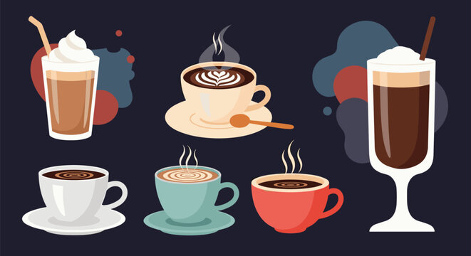 Set of delicious coffee beverages in various mugs and glasses featuring latte art, whipped cream, and steaming foam.