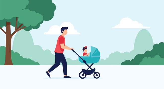 Young father walking through a scenic green park while pushing his baby daughter in a blue stroller during a sunny day of family bonding.