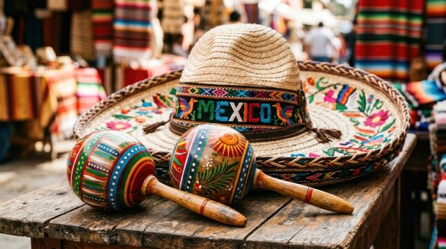 A traditional Mexican sombrero and maracas on a wooden table with a market background.