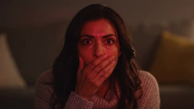This captures a woman's shocked reaction while watching a scary movie on TV in a dark living room. Her expression conveys fear and horror as she sits in stunned silence.