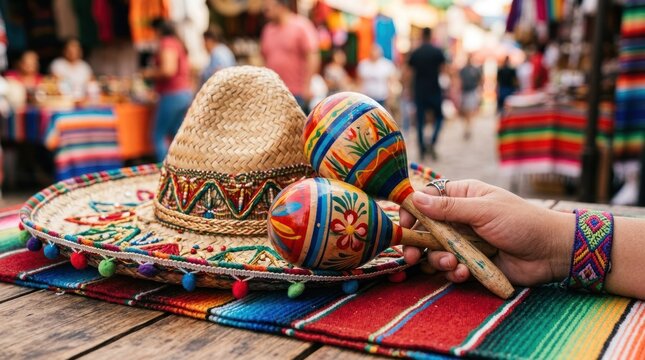 A hand holding maracas and a sombrero on a colorful tablecloth with a busy market in the background.
