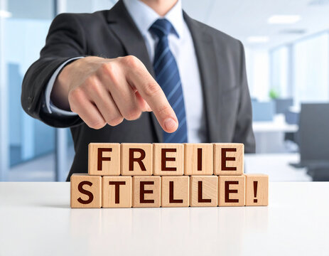 Freie Stelle! - Geschäftsmann zeigt auf das Wort "Freie Stelle!"