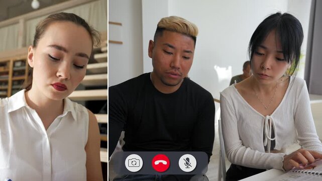 Two students engage in an online call to discuss their school work. They show different emotions as they share ideas and ask questions about their tasks.