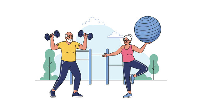 Active elderly couple exercising outdoors with the man lifting dumbbells and the woman balancing on one leg while holding a blue fitness ball.