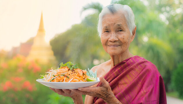Thai woman holds a plate of pad thai in front of a garden during a sunny day in Thailand