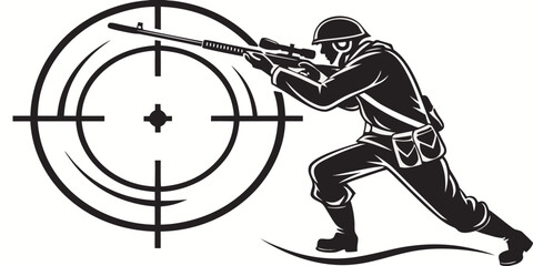 Sniper in combat pose aiming at a target crosshair graphic with crosshair military tactical shooting silhouette illustration professional precision marksmanship security training strategy © Maisa