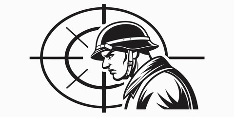 Profile view of a determined soldier in helmet with target background crosshair military tactical shooting silhouette illustration professional precision marksmanship security training © Maisa