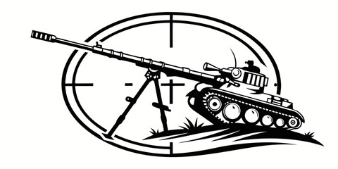 Graphic illustration of a military tank aiming with a heavy cannon on a target crosshair military crosshair artillery silhouette security tactical precision shooting strength strategic © Maisa