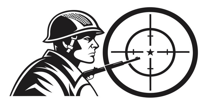 Silhouette illustration of a soldier in a helmet aiming a rifle at a target crosshair with crosshair military silhouette illustration tactical marksman shooting protection security conflict