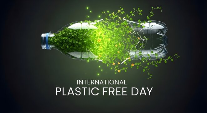 International Plastic Free Day 3D illustration of plastic bottle transforming into plants, futuristic eco concept background design