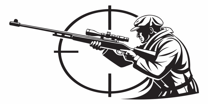 Graphic illustration of a sniper aiming a scoped rifle at a target crosshair with crosshair marksman shooting silhouette military tactical precision competition shootingrange longrange