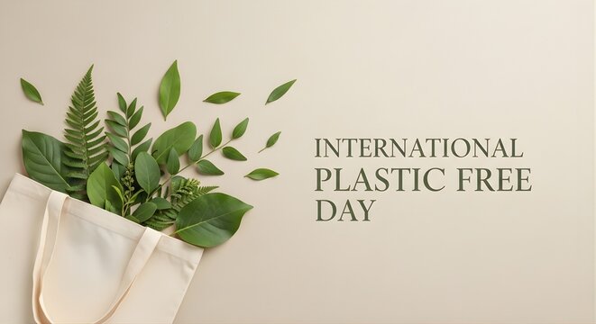 International Plastic Free Day minimalist illustration with reusable bag, modern eco background design for poster banner template