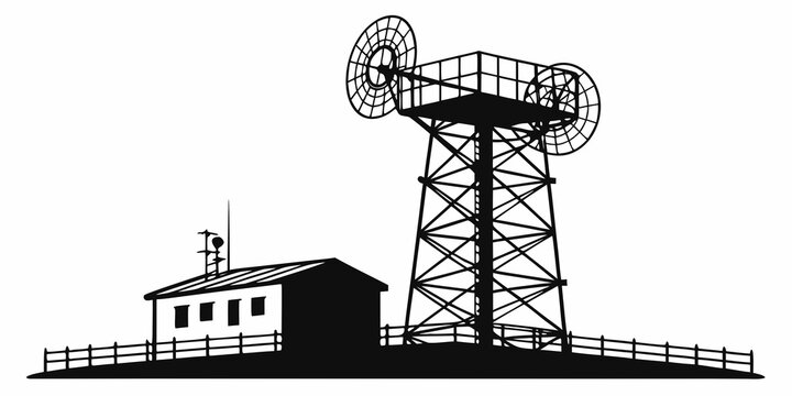 Vector illustration of a telecommunications outpost with dual satellite dishes on a tower telecommunications satellite communication broadcast transmission technology wireless infrastructure