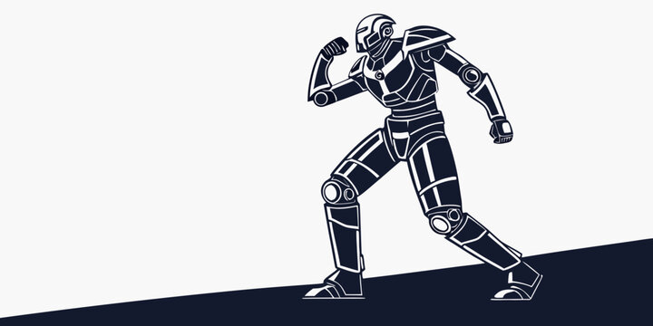 Strong bionic robot character in a powerful combat stance graphic vector with sci fi futuristic standing character metallic protection defensive illustration advanced strength engineering