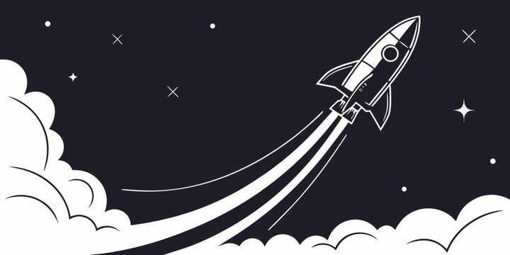 Space rocket launching into the starry sky with exhaust clouds graphic illustration exploration propulsion astronomy starship transportation aerospace technology adventure innovation