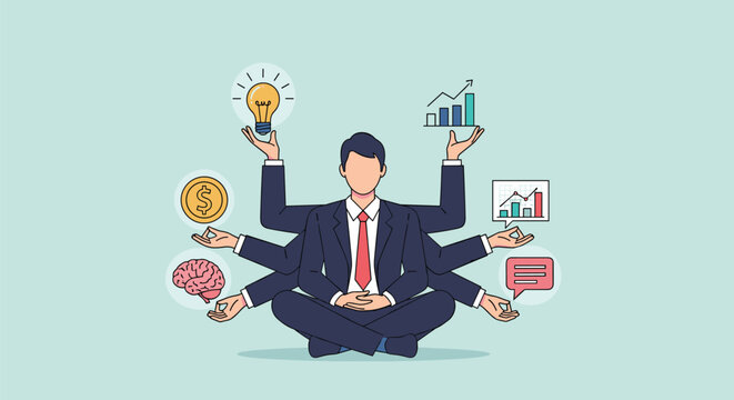 Multi-armed businessman sitting in a lotus position meditating while balancing icons of money, a brain, a light bulb, and graphs in a calm state.
