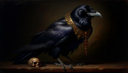 Obraz premium Mystical black raven with human skull in dark fantasy setting at night