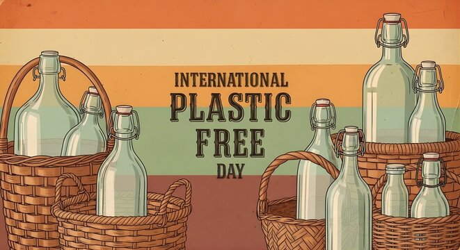 International Plastic Free Day vintage retro illustration with reusable bottles and baskets, festive eco poster background design