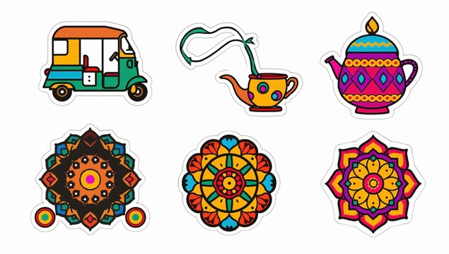 Indian cultural vector icons with auto rickshaw mandala patterns decorative colorful design collection