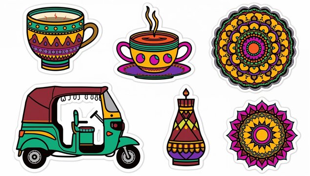 Colorful indian auto rickshaw and mandala designs vector illustration traditional cultural elements decorative design set