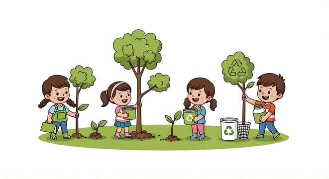 International Plastic Free Day cartoon children eco activity illustration, cheerful sustainable lifestyle background design