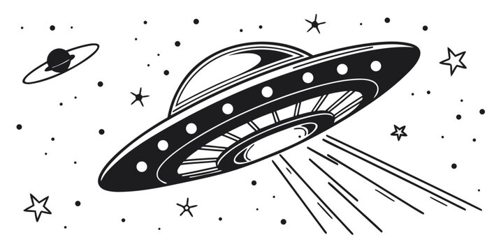 Graphic drawing of ufo spaceship with light beam and orbiting planet in starfield spaceship extraterrestrial astronomy exploration illustration monochrome celestial astrophysics universe