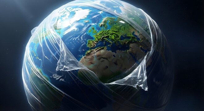 International Plastic Free Day surreal earth wrapped in plastic peeling away, dramatic environmental concept illustration