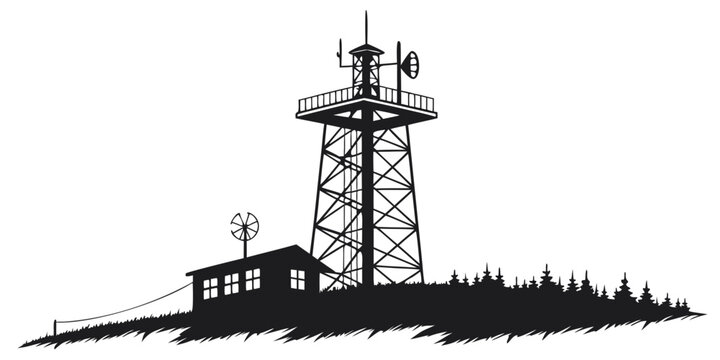 Graphic silhouette of a remote radio communication tower with outbuilding and surrounding pine forest telecommunications silhouette broadcast transmission infrastructure wireless communication
