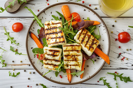 Gegrillter Halloumi Salat mit Rucola, Tomaten und Karotten &ndash; gesunde mediterrane K&uuml;che