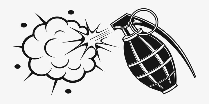 Graphic illustration of a hand grenade releasing smoke or gas blast with explosion military tactical ammunition illustration isolated conflict detonation artillery equipment hardware