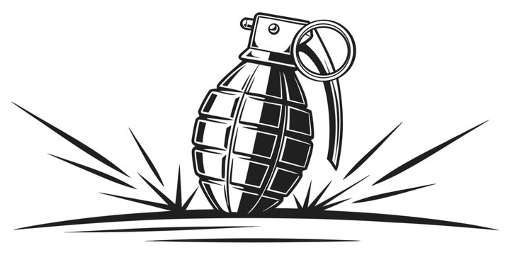 Stylized black and white graphic icon of a hand grenade on the ground with explosive military ammunition tactical conflict artillery destructive illustration monochrome isolated stylized