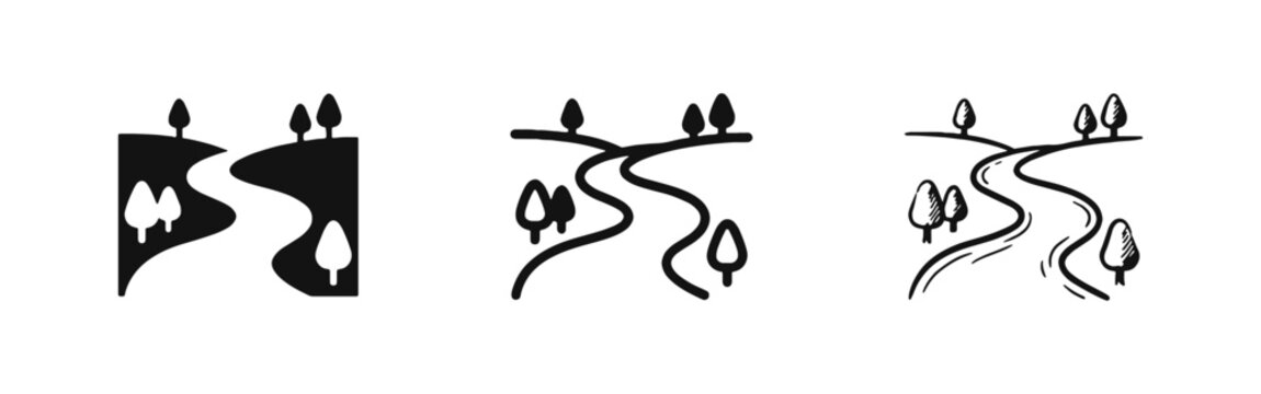 River Landscape with Trees Icon Set - Solid, Outline, and Hand Drawn Styles
