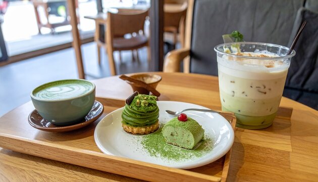 Matcha dessert and drink set at a cafe with a bright background