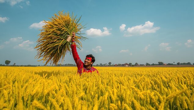 Agricultural worker carrying crop bundle in golden field rural farming lifestyle concept