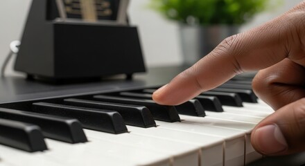 Obraz premium Piano keyboard with finger pressing key, metronome in background for musical practice. Piano keyboard features black and white keys, ideal for beginners and advanced players.