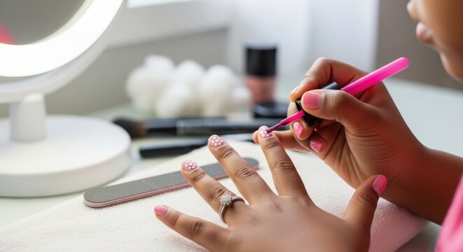 Nail care tutorial with pink nail polish applied on manicured hands, beauty essentials visible in background including brushes and nail files.
