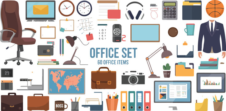 Colored flat vector office accessories big set cartoon business icons modern templates clipart for ads business cards banners apps