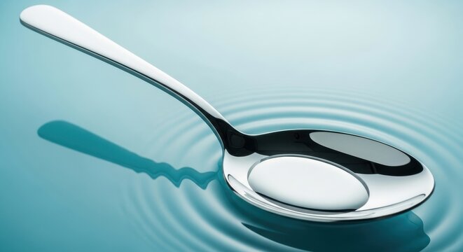 Mirror polished silver spoon creating ripples in clear blue water